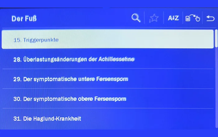 Impactis M + ist ein Stoßwellengerät für Therapeuten - Bild zeigt den blauen Bildschirm mit den verschiedenen Indikationen - Astar Therapiegeräte